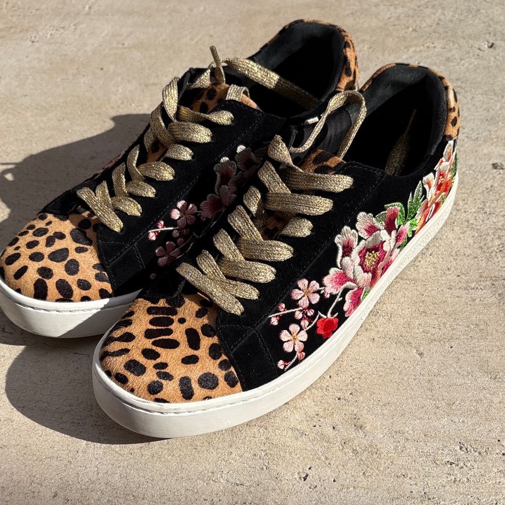 Johnny Was Black and Gold Floral Leopard Sneakers